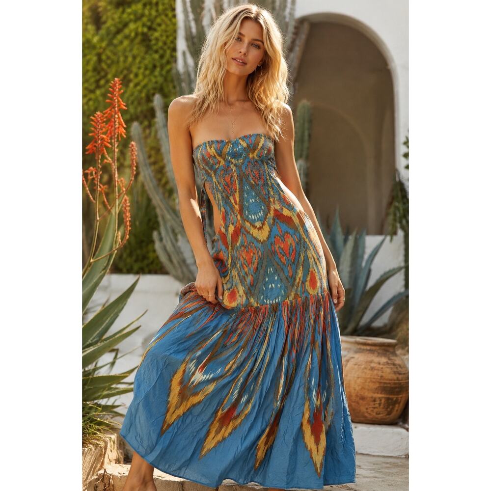Free People Ikat Open Back Strapless Maxi Dress Boho Festival Large Blue Coastal - Picture 1 of 8